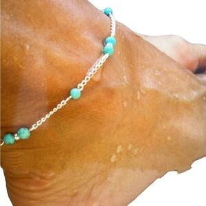 Boho Handmade Beaded Turquoise Anklet, Silver Tone.